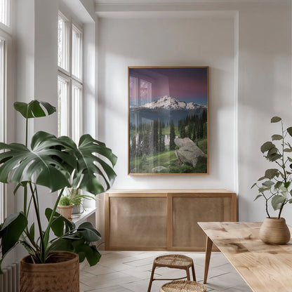 Image Lake Glacier Peak North Cascades by Alan Majchrowicz. shown as a print in a natural wood frame in a dining room. Available as a archival giclee rolled canvas, fine art paper, or poster print. SKU 86349h.