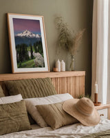 Image Lake Glacier Peak North Cascades by Alan Majchrowicz. shown as a paper print in a natural frame. Available as a archival giclee rolled canvas, fine art paper, or poster print. SKU 86349h.