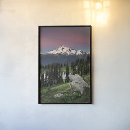 Image Lake Glacier Peak North Cascades by Alan Majchrowicz. shown as a paper print in a black flame. Available as a archival giclee rolled canvas, fine art paper, or poster print. SKU 86349h.
