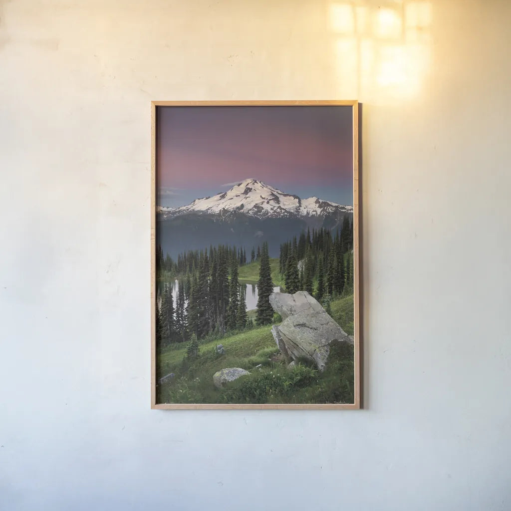 Image Lake Glacier Peak North Cascades by Alan Majchrowicz. shown as a paper print in a natural frame. Available as a archival giclee rolled canvas, fine art paper, or poster print. SKU 86349h.