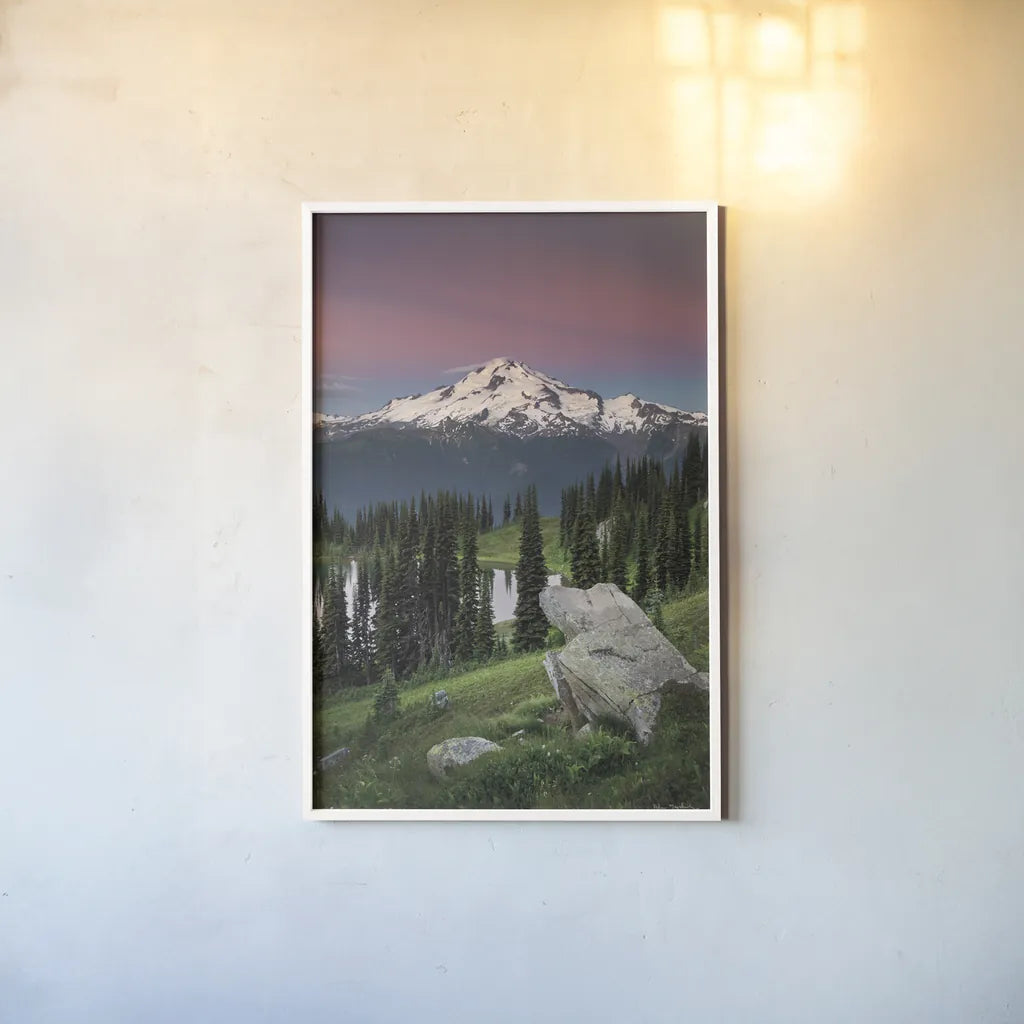 Image Lake Glacier Peak North Cascades by Alan Majchrowicz. shown as a paper print in a white frame. Available as a archival giclee rolled canvas, fine art paper, or poster print. SKU 86349h.