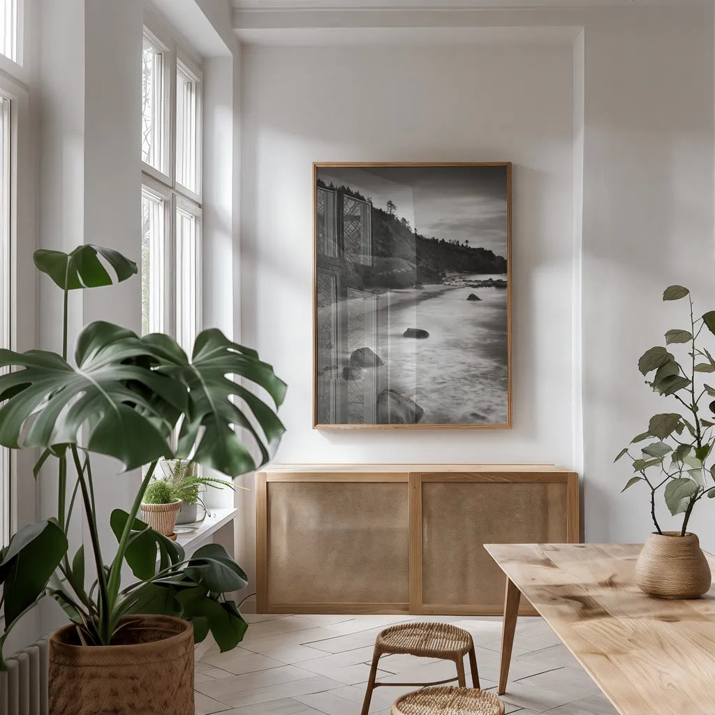 Indian Beach III by Alan Majchrowicz. shown as a print in a natural wood frame in a dining room. Available as a archival giclee rolled canvas, fine art paper, or poster print. SKU 43962h.