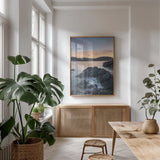 Jagged Rocks at Deception Pass by Alan Majchrowicz. shown as a print in a natural wood frame in a dining room. Available as a archival giclee rolled canvas, fine art paper, or poster print. SKU 86302h.