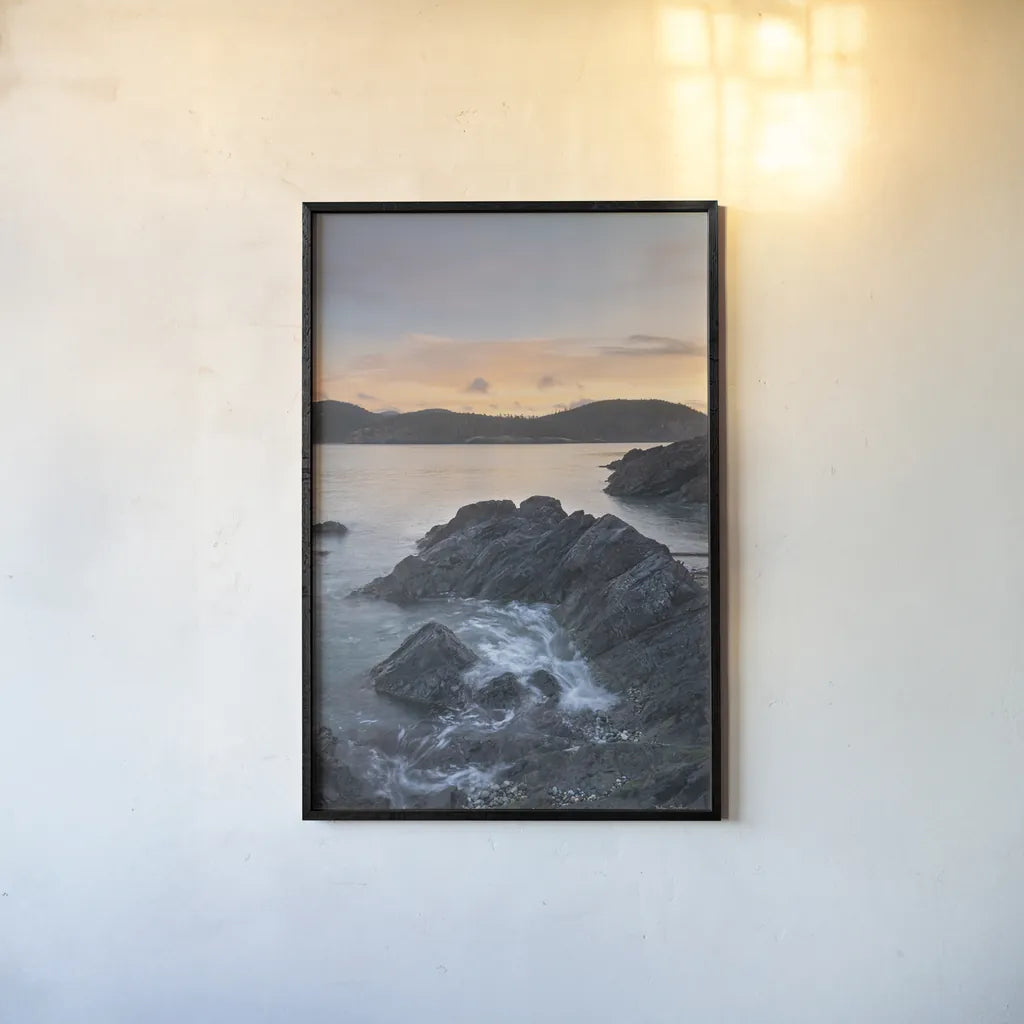 Jagged Rocks at Deception Pass by Alan Majchrowicz. shown as a paper print in a black flame. Available as a archival giclee rolled canvas, fine art paper, or poster print. SKU 86302h.