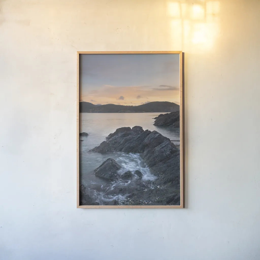 Jagged Rocks at Deception Pass by Alan Majchrowicz. shown as a paper print in a natural frame. Available as a archival giclee rolled canvas, fine art paper, or poster print. SKU 86302h.