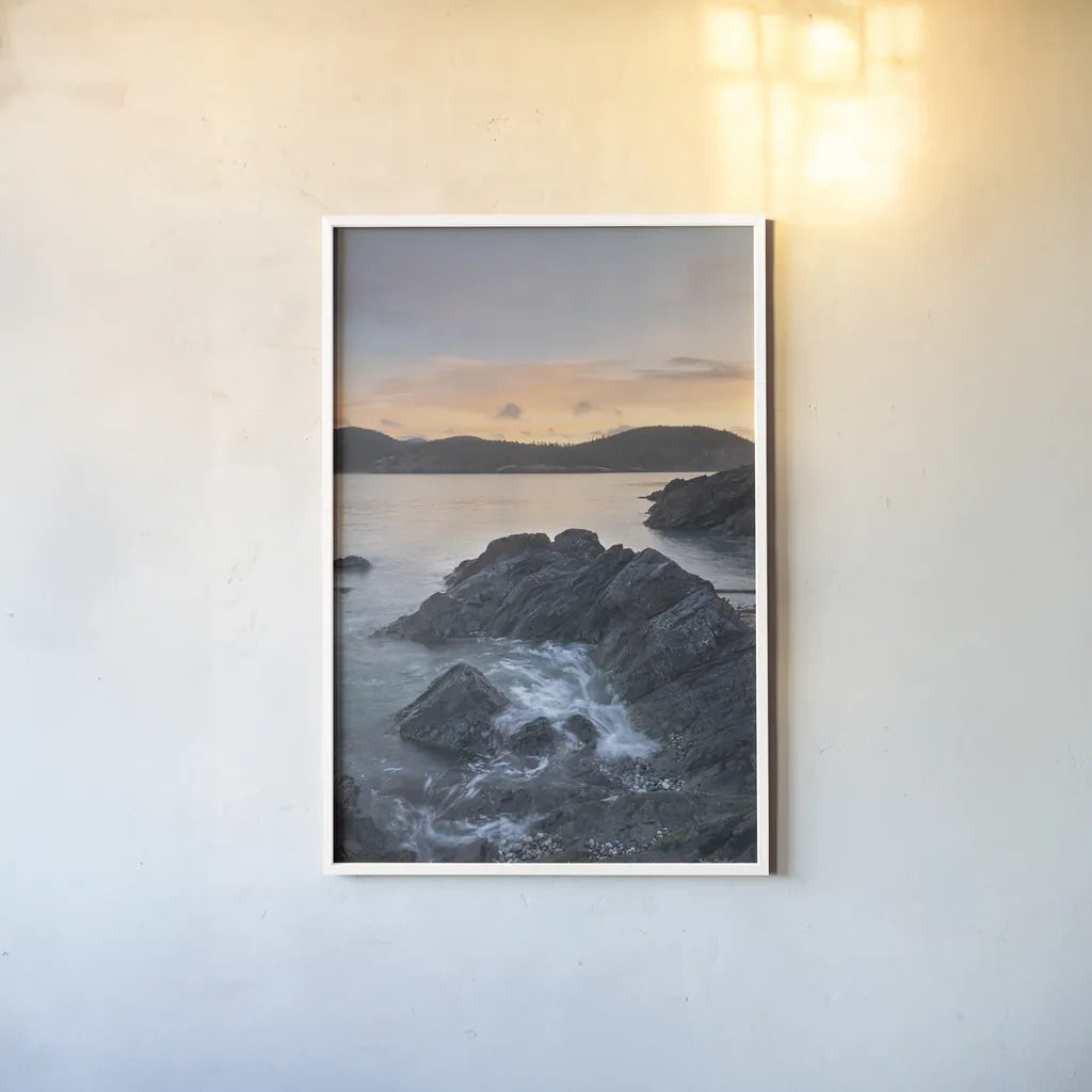 Jagged Rocks at Deception Pass by Alan Majchrowicz. shown as a paper print in a white frame. Available as a archival giclee rolled canvas, fine art paper, or poster print. SKU 86302h.