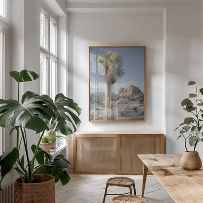 Joshua Tree National Park I by Alan Majchrowicz. shown as a print in a natural wood frame in a dining room. Available as a archival giclee rolled canvas, fine art paper, or poster print. SKU 61455h.