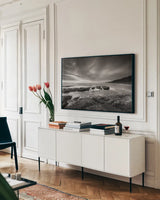 Kalaloch Beach by Alan Majchrowicz. shown as a framed stretched canvas in a living room above a console. Available as a archival giclee rolled canvas, fine art paper, or poster print. SKU 64544i.