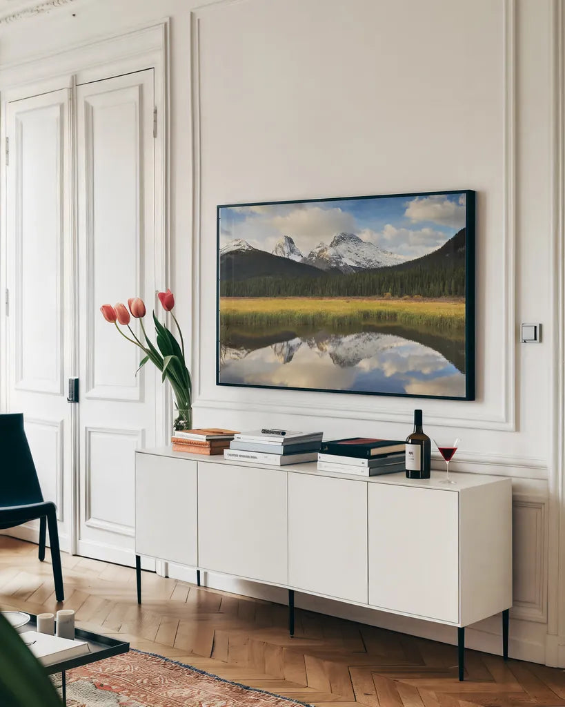 Kananaskis County by Alan Majchrowicz. shown as a framed stretched canvas in a living room above a console. Available as a archival giclee rolled canvas, fine art paper, or poster print. SKU 28089i.