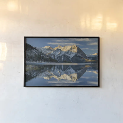 Kananaskis Lake Reflection by Alan Majchrowicz. shown as a paper print in a black flame. Available as a archival giclee rolled canvas, fine art paper, or poster print. SKU 28094i.