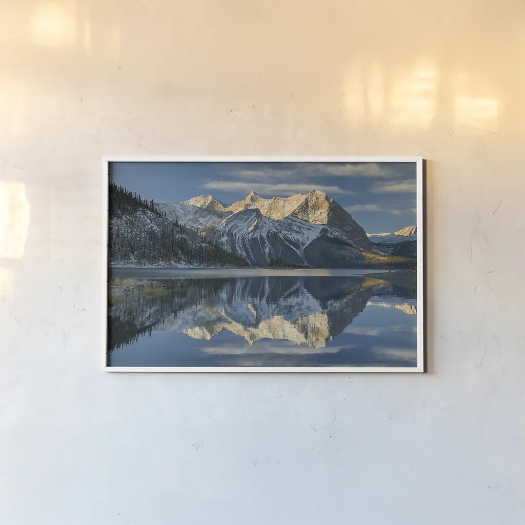 Kananaskis Lake Reflection by Alan Majchrowicz. shown as a paper print in a white frame. Available as a archival giclee rolled canvas, fine art paper, or poster print. SKU 28094i.