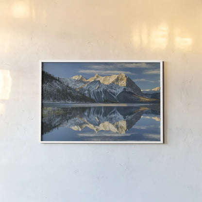 Kananaskis Lake Reflection by Alan Majchrowicz. shown as a paper print in a white frame. Available as a archival giclee rolled canvas, fine art paper, or poster print. SKU 28094i.
