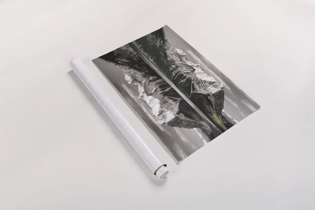 Kananaskis Lake Reflection BW with Color by Alan Majchrowicz. shown as a rolled paper print. Available as archival giclee rolled canvas, fine art paper, or poster print. SKU 28185i.