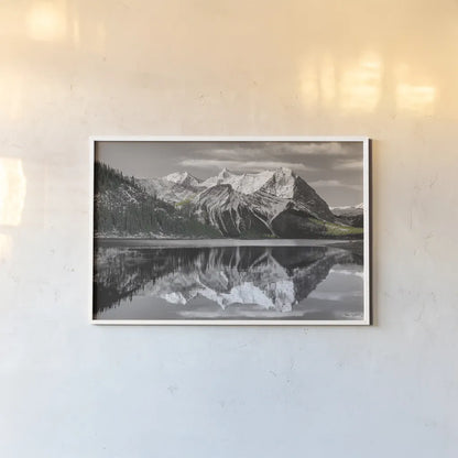 Kananaskis Lake Reflection BW with Color by Alan Majchrowicz. shown as a paper print in a white frame. Available as a archival giclee rolled canvas, fine art paper, or poster print. SKU 28185i.