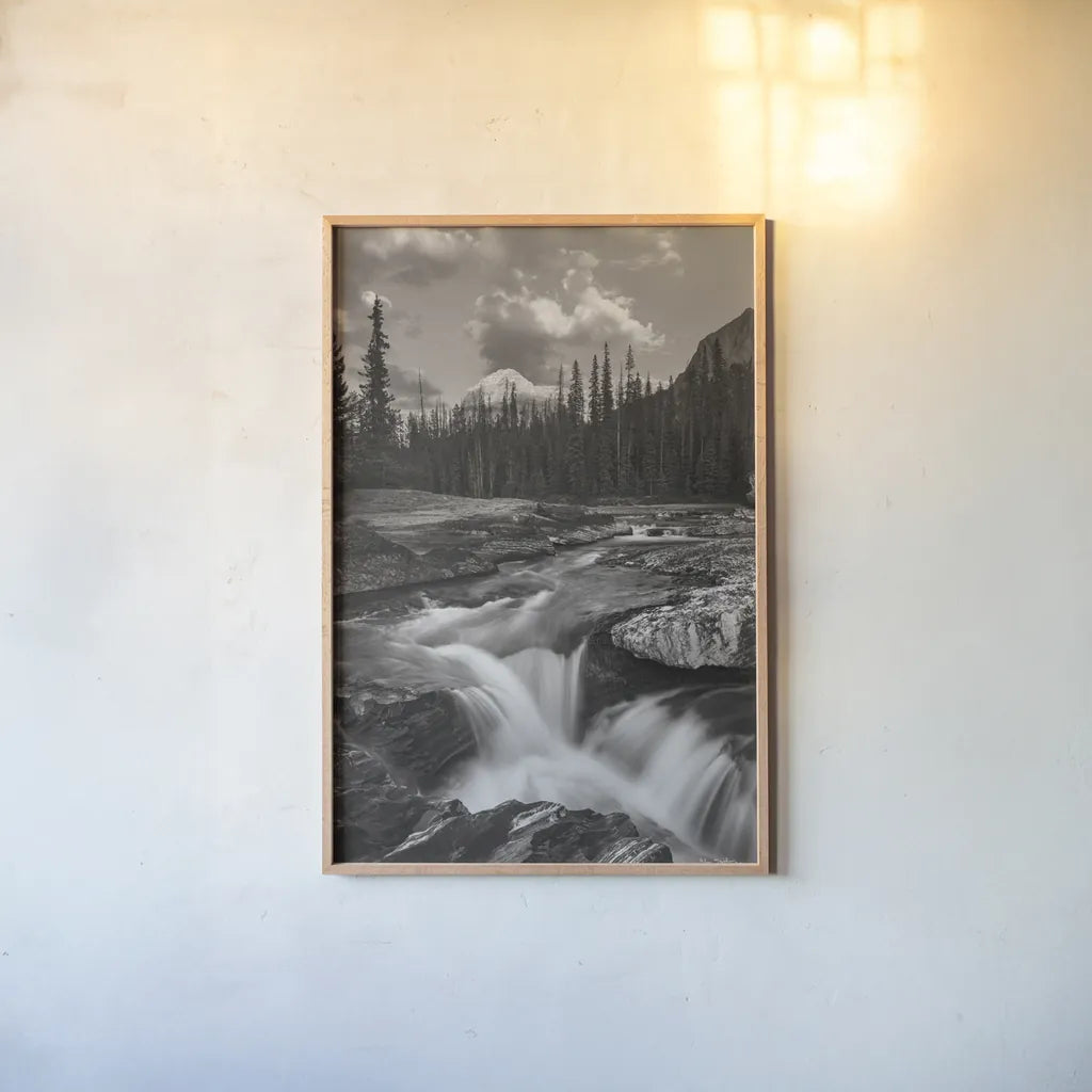 Kicking Horse River by Alan Majchrowicz. shown as a paper print in a natural frame. Available as a archival giclee rolled canvas, fine art paper, or poster print. SKU 89101h.