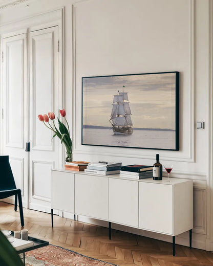Lady Washington II by Alan Majchrowicz. shown as a framed stretched canvas in a living room above a console. Available as a archival giclee rolled canvas, fine art paper, or poster print. SKU 46110i.