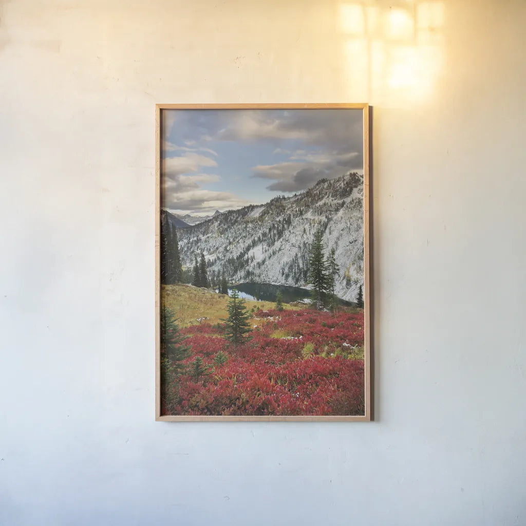 Lake Ann North Cascades  by Alan Majchrowicz. shown as a paper print in a natural frame. Available as a archival giclee rolled canvas, fine art paper, or poster print. SKU 62393h.