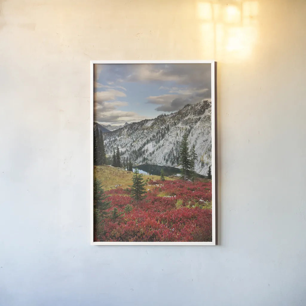 Lake Ann North Cascades  by Alan Majchrowicz. shown as a paper print in a white frame. Available as a archival giclee rolled canvas, fine art paper, or poster print. SKU 62393h.