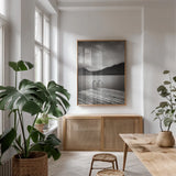 Lake Crescent I by Alan Majchrowicz. shown as a print in a natural wood frame in a dining room. Available as a archival giclee rolled canvas, fine art paper, or poster print. SKU 60139h.