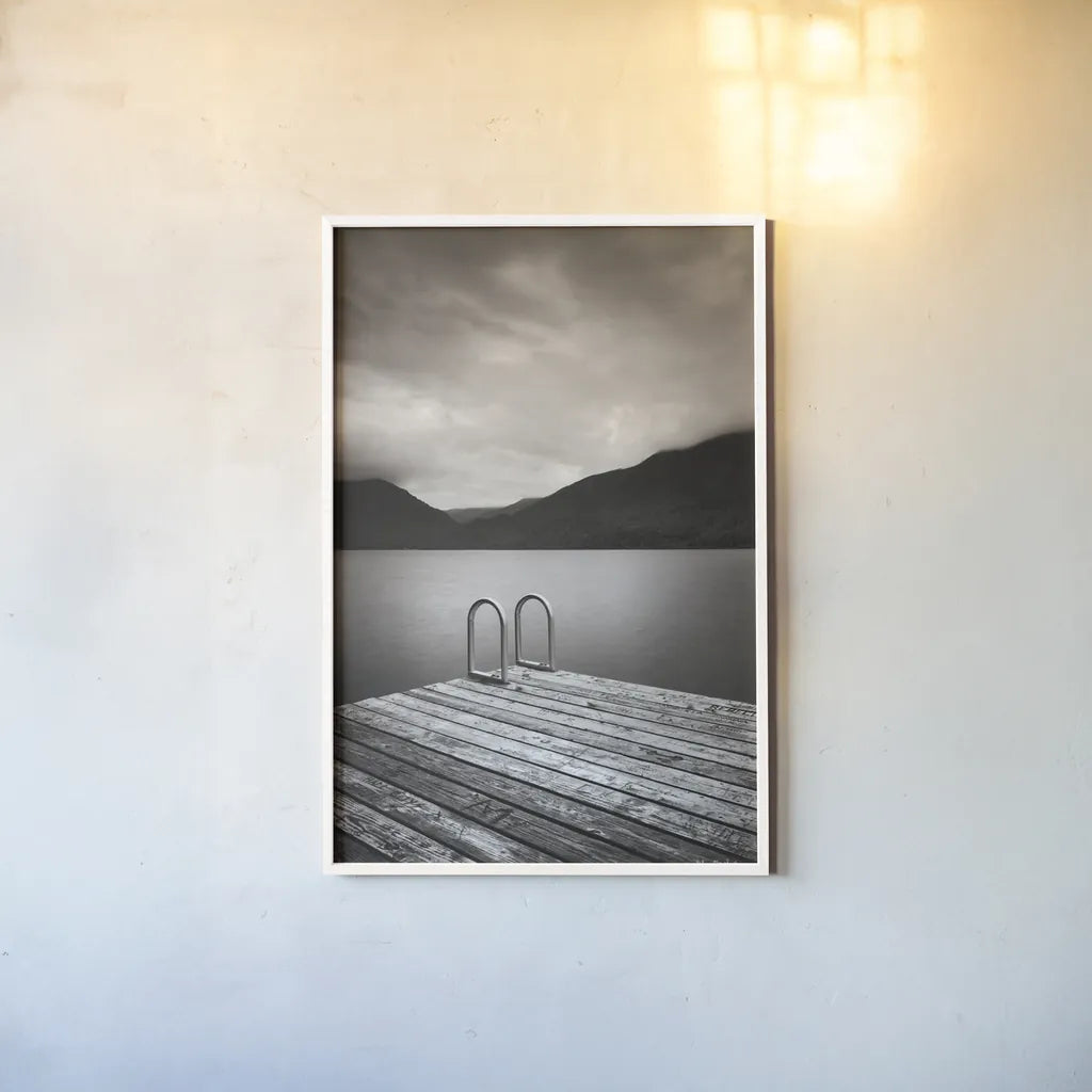 Lake Crescent I by Alan Majchrowicz. shown as a paper print in a white frame. Available as a archival giclee rolled canvas, fine art paper, or poster print. SKU 60139h.