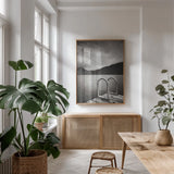 Lake Crescent II by Alan Majchrowicz. shown as a print in a natural wood frame in a dining room. Available as a archival giclee rolled canvas, fine art paper, or poster print. SKU 60140h.