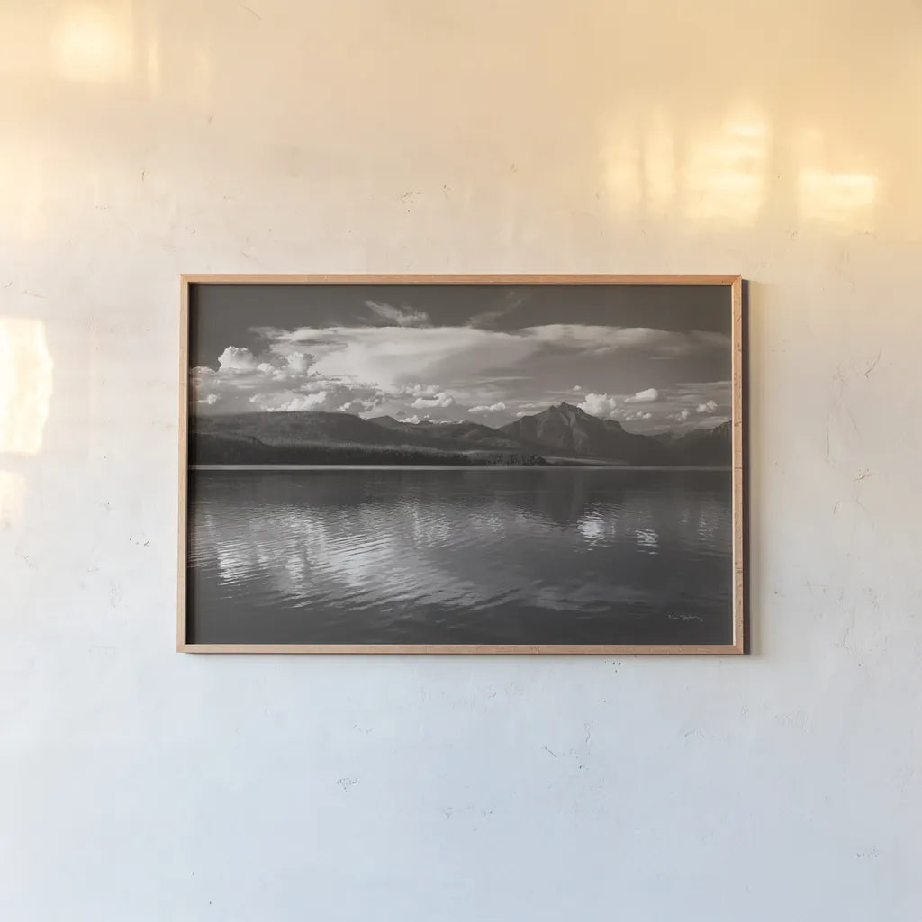 Lake McDonald by Alan Majchrowicz. shown as a paper print in a natural frame. Available as a archival giclee rolled canvas, fine art paper, or poster print. SKU 71978i.