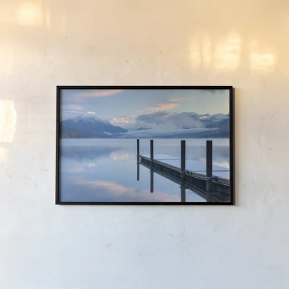 Lake McDonald Dock by Alan Majchrowicz. shown as a paper print in a black flame. Available as a archival giclee rolled canvas, fine art paper, or poster print. SKU 43057i.
