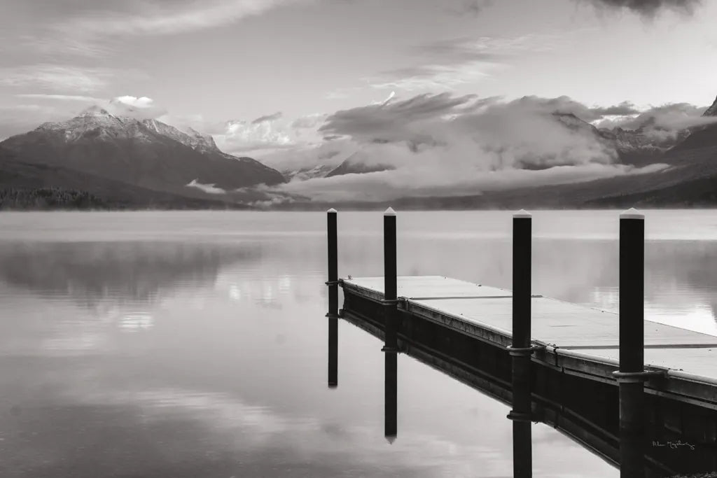 Lake McDonald Dock BW by Alan Majchrowicz. SKU 50227i. Archival Giclee Fine art print for wall decor.