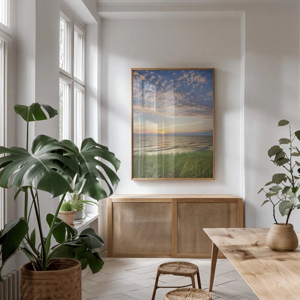 Lake Michigan Sunset I by Alan Majchrowicz. shown as a print in a natural wood frame in a dining room. Available as a archival giclee rolled canvas, fine art paper, or poster print. SKU 50381h.