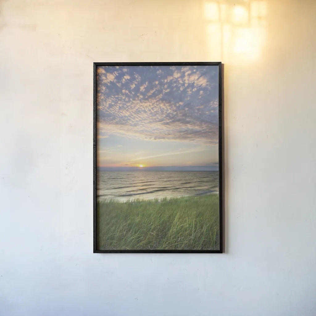 Lake Michigan Sunset I by Alan Majchrowicz. shown as a paper print in a black flame. Available as a archival giclee rolled canvas, fine art paper, or poster print. SKU 50381h.