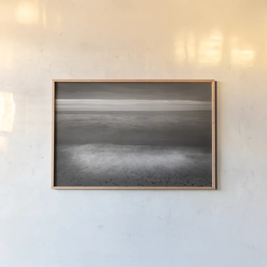 Lake Superior Beach II BW by Alan Majchrowicz. shown as a paper print in a natural frame. Available as a archival giclee rolled canvas, fine art paper, or poster print. SKU 50400i.