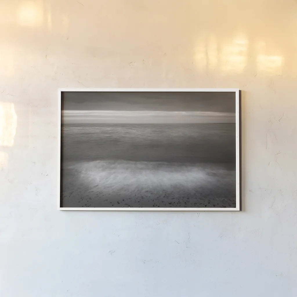 Lake Superior Beach II BW by Alan Majchrowicz. shown as a paper print in a white frame. Available as a archival giclee rolled canvas, fine art paper, or poster print. SKU 50400i.