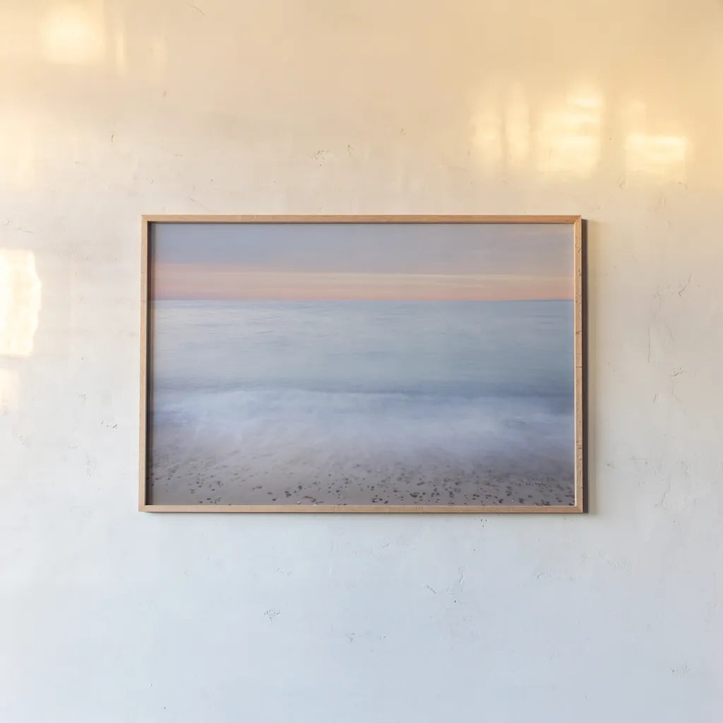 Lake Superior Beach II Sunset by Alan Majchrowicz. shown as a paper print in a natural frame. Available as a archival giclee rolled canvas, fine art paper, or poster print. SKU 81458i.