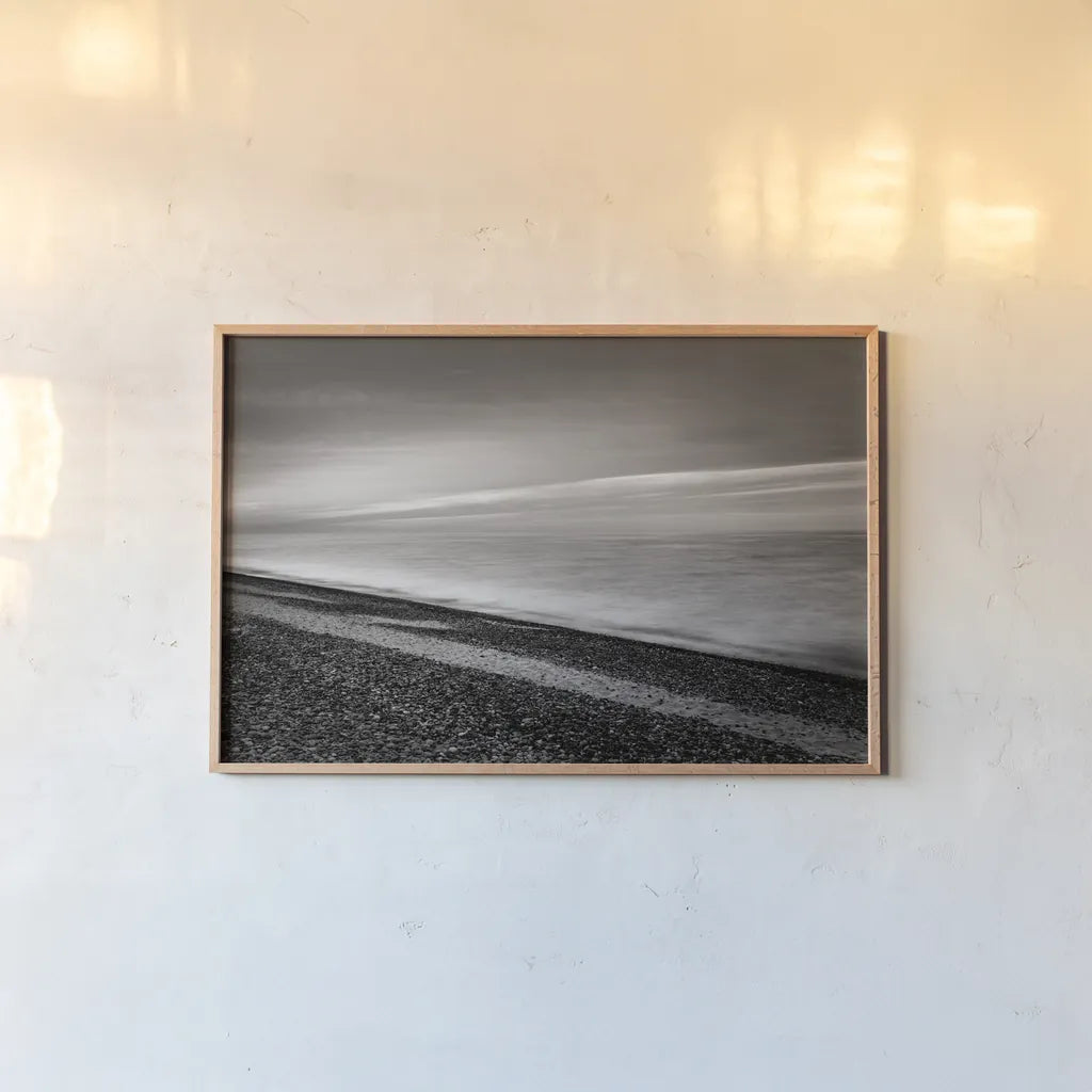 Lake Superior Beach III BW by Alan Majchrowicz. shown as a paper print in a natural frame. Available as a archival giclee rolled canvas, fine art paper, or poster print. SKU 50401i.