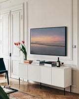 Lake Superior Beach IV by Alan Majchrowicz. shown as a framed stretched canvas in a living room above a console. Available as a archival giclee rolled canvas, fine art paper, or poster print. SKU 50398i.