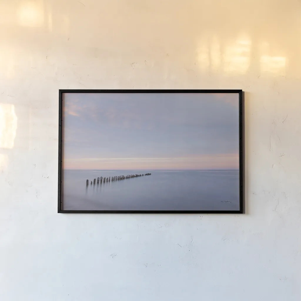 Lake Superior Old Pier II by Alan Majchrowicz. shown as a paper print in a black flame. Available as a archival giclee rolled canvas, fine art paper, or poster print. SKU 50404i.
