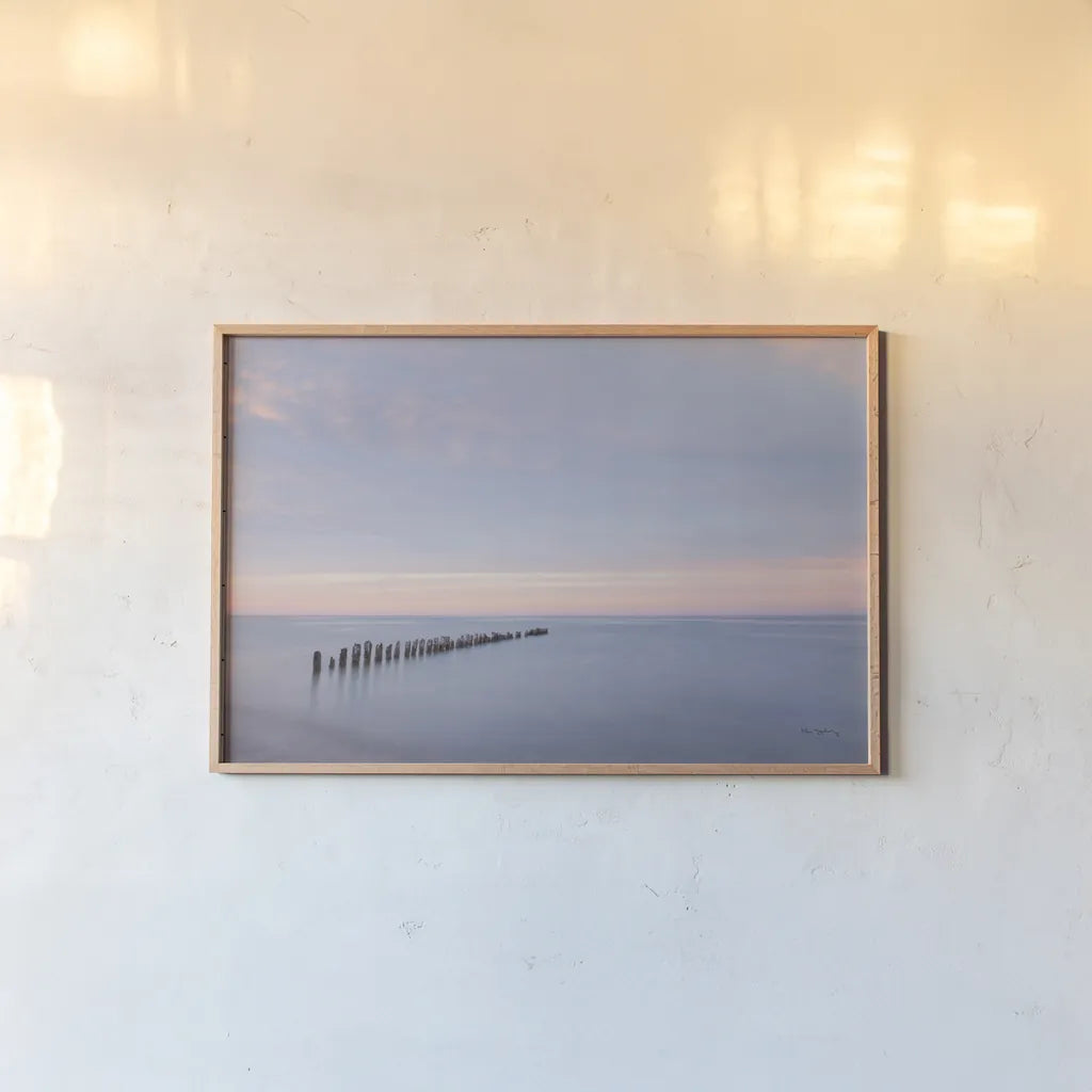 Lake Superior Old Pier II by Alan Majchrowicz. shown as a paper print in a natural frame. Available as a archival giclee rolled canvas, fine art paper, or poster print. SKU 50404i.