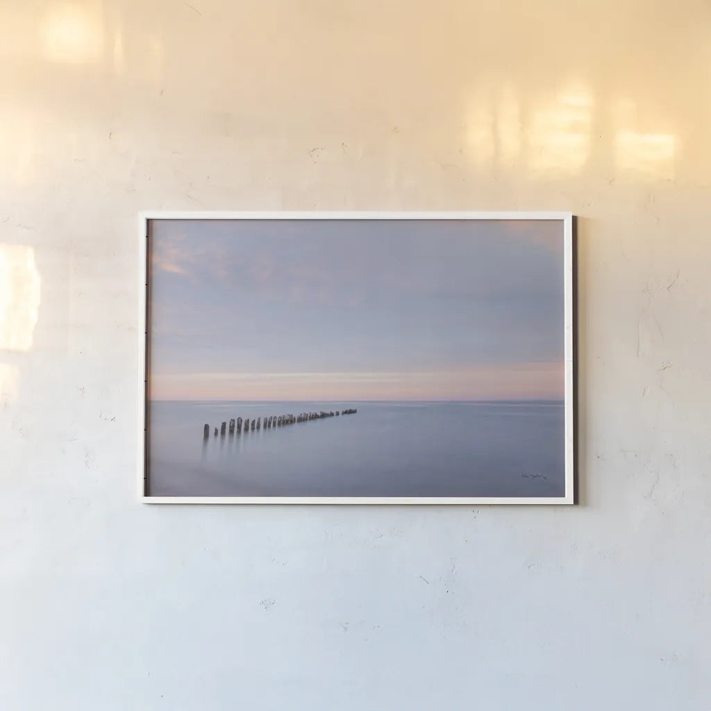 Lake Superior Old Pier II by Alan Majchrowicz. shown as a paper print in a white frame. Available as a archival giclee rolled canvas, fine art paper, or poster print. SKU 50404i.