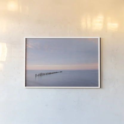 Lake Superior Old Pier II by Alan Majchrowicz. shown as a paper print in a white frame. Available as a archival giclee rolled canvas, fine art paper, or poster print. SKU 50404i.