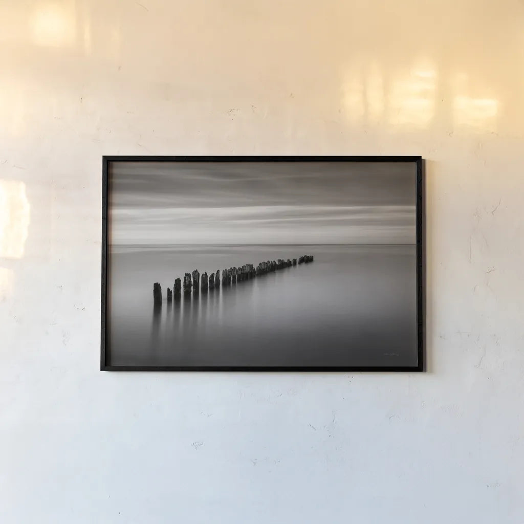 Lake Superior Old Pier III Crop by Alan Majchrowicz. shown as a paper print in a black flame. Available as a archival giclee rolled canvas, fine art paper, or poster print. SKU 50405i.