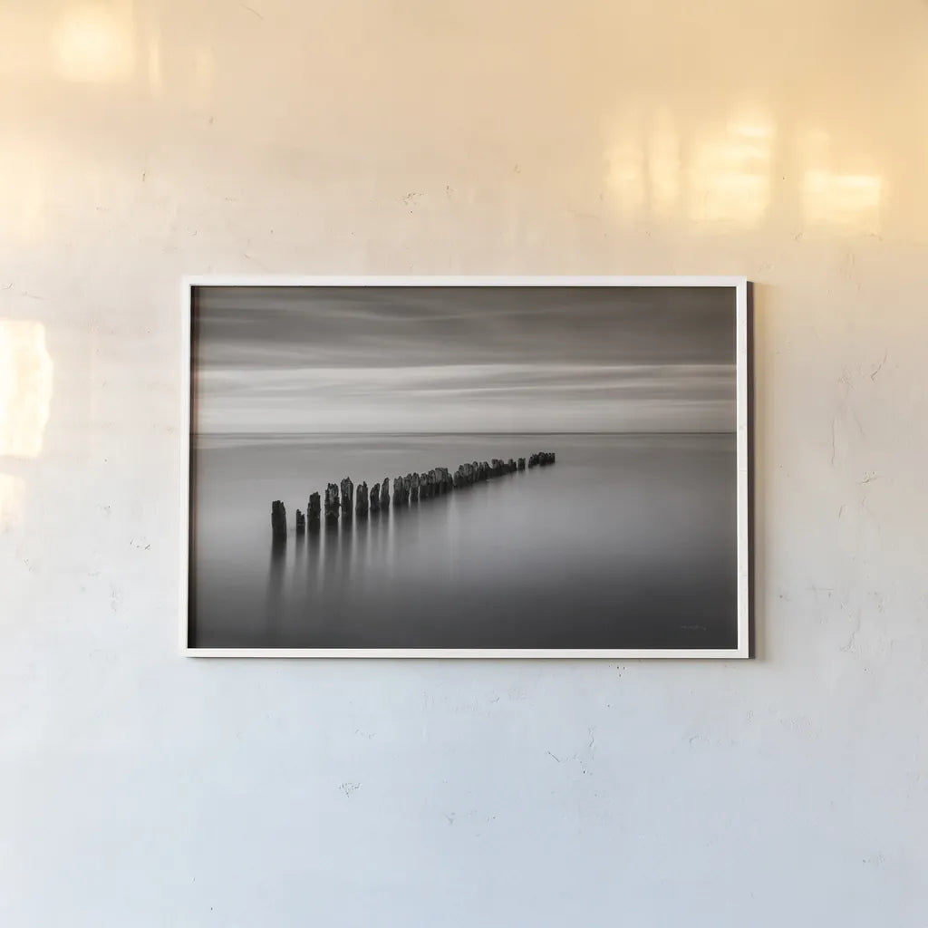 Lake Superior Old Pier III Crop by Alan Majchrowicz. shown as a paper print in a white frame. Available as a archival giclee rolled canvas, fine art paper, or poster print. SKU 50405i.