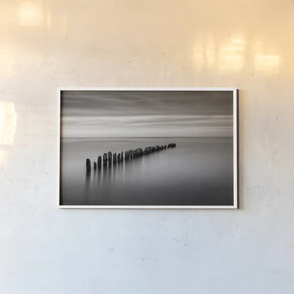 Lake Superior Old Pier III Crop by Alan Majchrowicz. shown as a paper print in a white frame. Available as a archival giclee rolled canvas, fine art paper, or poster print. SKU 50405i.
