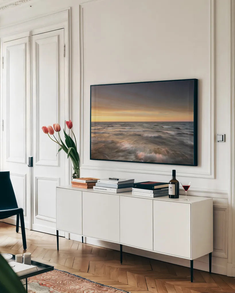 Lake Superior Waves by Alan Majchrowicz. shown as a framed stretched canvas in a living room above a console. Available as a archival giclee rolled canvas, fine art paper, or poster print. SKU 50408i.