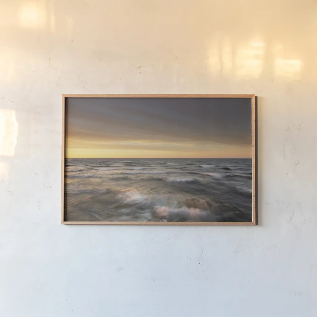 Lake Superior Waves by Alan Majchrowicz. shown as a paper print in a natural frame. Available as a archival giclee rolled canvas, fine art paper, or poster print. SKU 50408i.