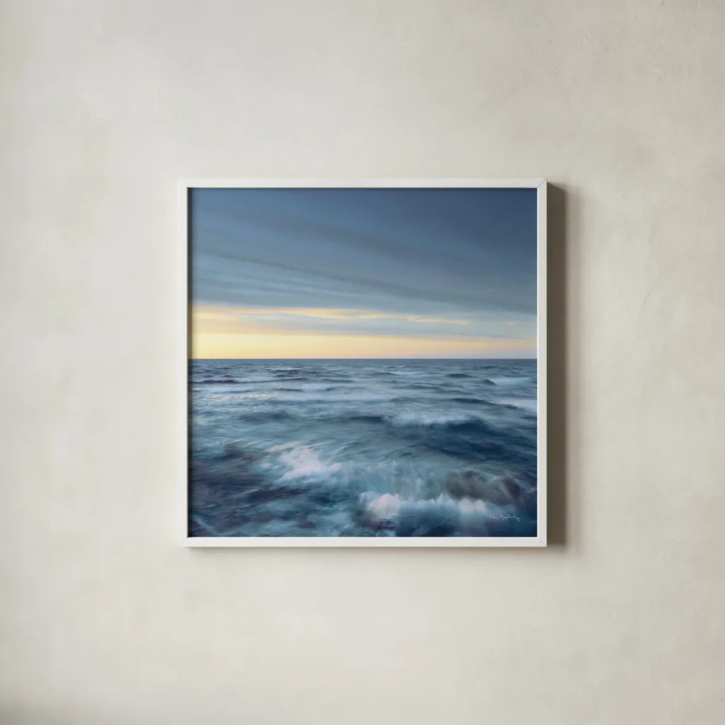 Lake Superior Waves Navy Crop by Alan Majchrowicz. Shown in a crisp white glass frame for a clean and minimalist style. Available as an archival giclee rolled canvas, fine art paper, or poster print. SKU 69191a.
