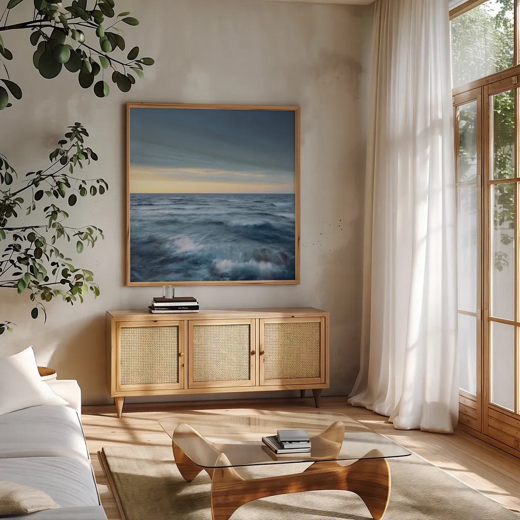 Lake Superior Waves Navy Crop by Alan Majchrowicz. Shown in a natural wood frame in a cozy modern living room. Available as an archival giclee rolled canvas, fine art paper, or poster print. SKU 69191a.