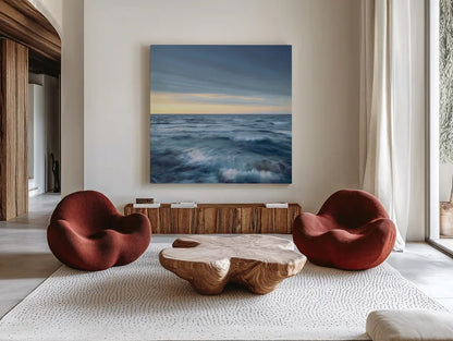 Lake Superior Waves Navy Crop by Alan Majchrowicz. Shown as extra-large giant wall art in a modern living room. Available as an archival giclee rolled canvas, fine art paper, or poster print. SKU 69191a.