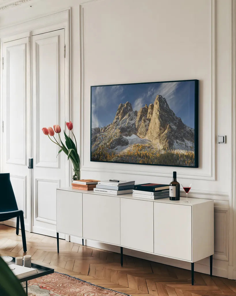 Liberty Bell Mountain II by Alan Majchrowicz. shown as a framed stretched canvas in a living room above a console. Available as a archival giclee rolled canvas, fine art paper, or poster print. SKU 50390i.
