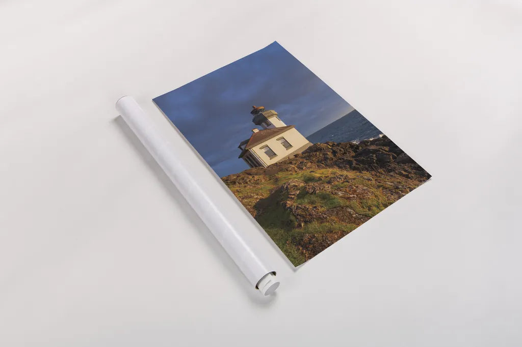 Lime Kiln Lighthouse by Alan Majchrowicz. shown as a rolled paper print. Available as archival giclee rolled canvas, fine art paper, or poster print. SKU 86301h.