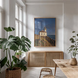 Lime Kiln Lighthouse by Alan Majchrowicz. shown as a print in a natural wood frame in a dining room. Available as a archival giclee rolled canvas, fine art paper, or poster print. SKU 86301h.